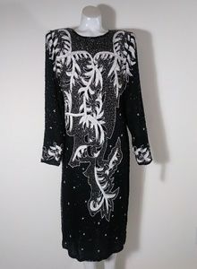 Vintage black & white heavy bead event gown dress glamazon vogue diva